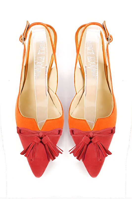 Scarlet red and clementine orange women's open back shoes, with a knot. Tapered toe. Very high slim heel. Top view - Florence KOOIJMAN